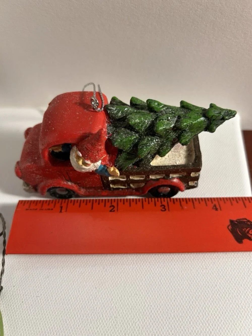 2 Red Truck Ornaments And One Green Vintage Look Car Ornament